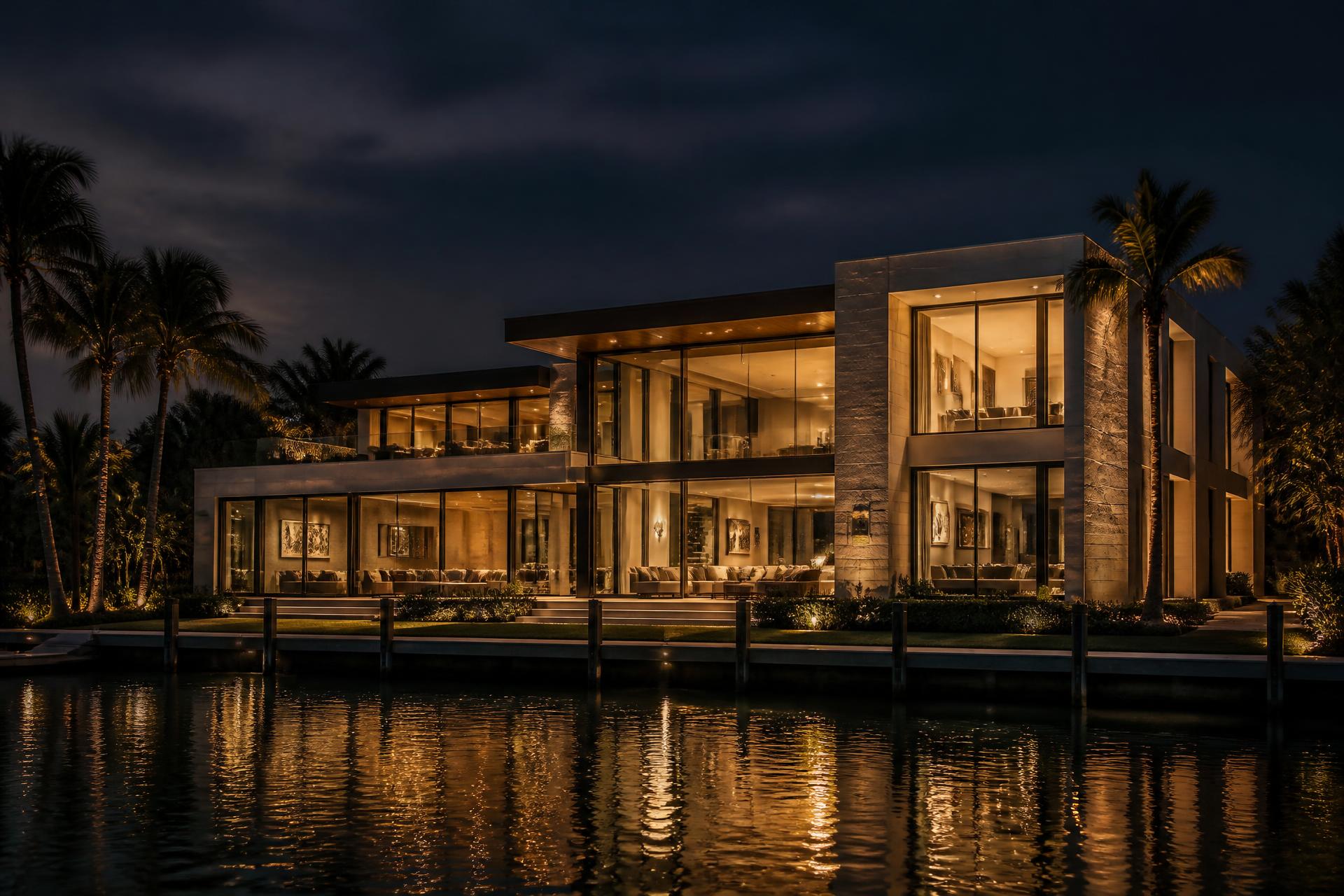 Modern South Florida waterfront residence at dusk with warm interior lighting