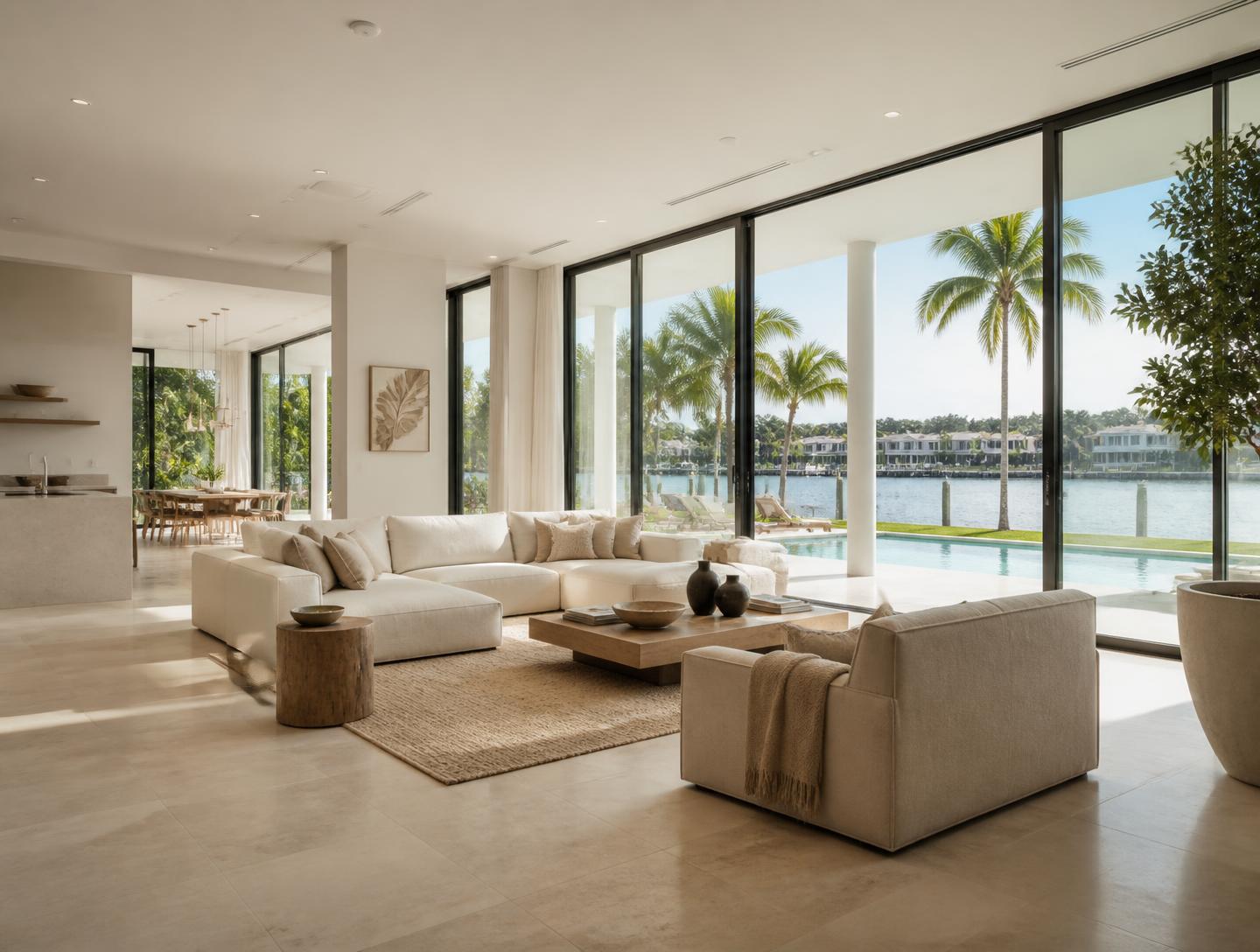 Open-concept living room of a renovated waterfront South Florida residence with stone floors and glass walls